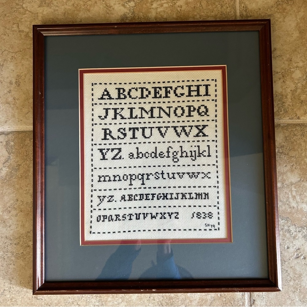 Vintage Needlepoint Cross Stitch Framed Alphabet Numbers Sampler Framed Matted
